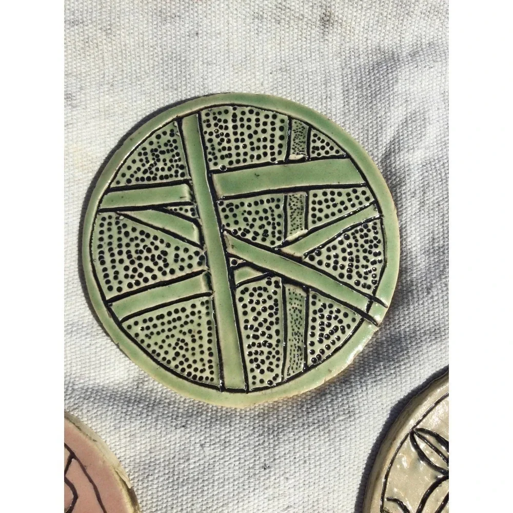 Handmade art pottery coasters set of 3‎ green red cream 4” mushroom signed cells